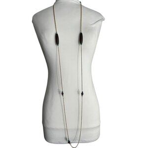 Long Gold Tone Chain Necklace Wood Tube Turquoise Colored Beads Tunic Length